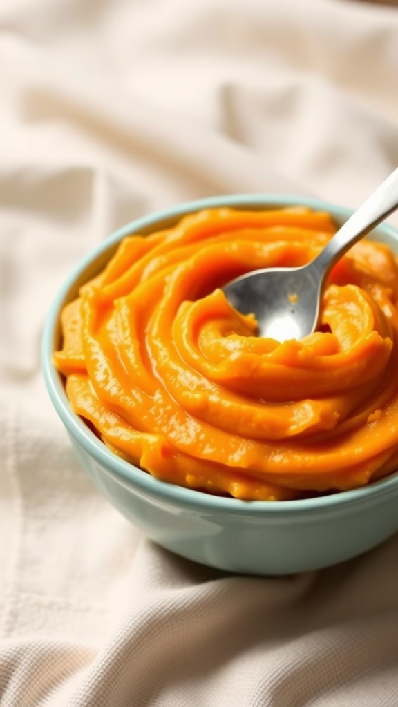 Bowl of smooth mashed sweet potatoes for baby food, with a spoon on a soft fabric background.